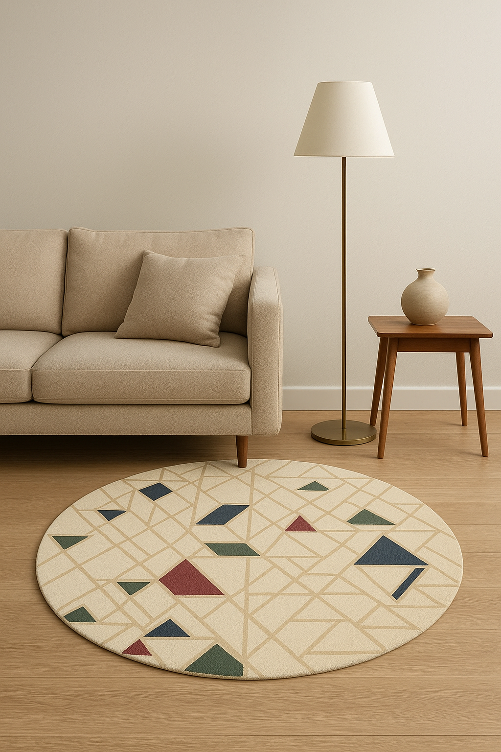 Round Geometric Rug with Bold Color Accents – Hand-Tufted Wool