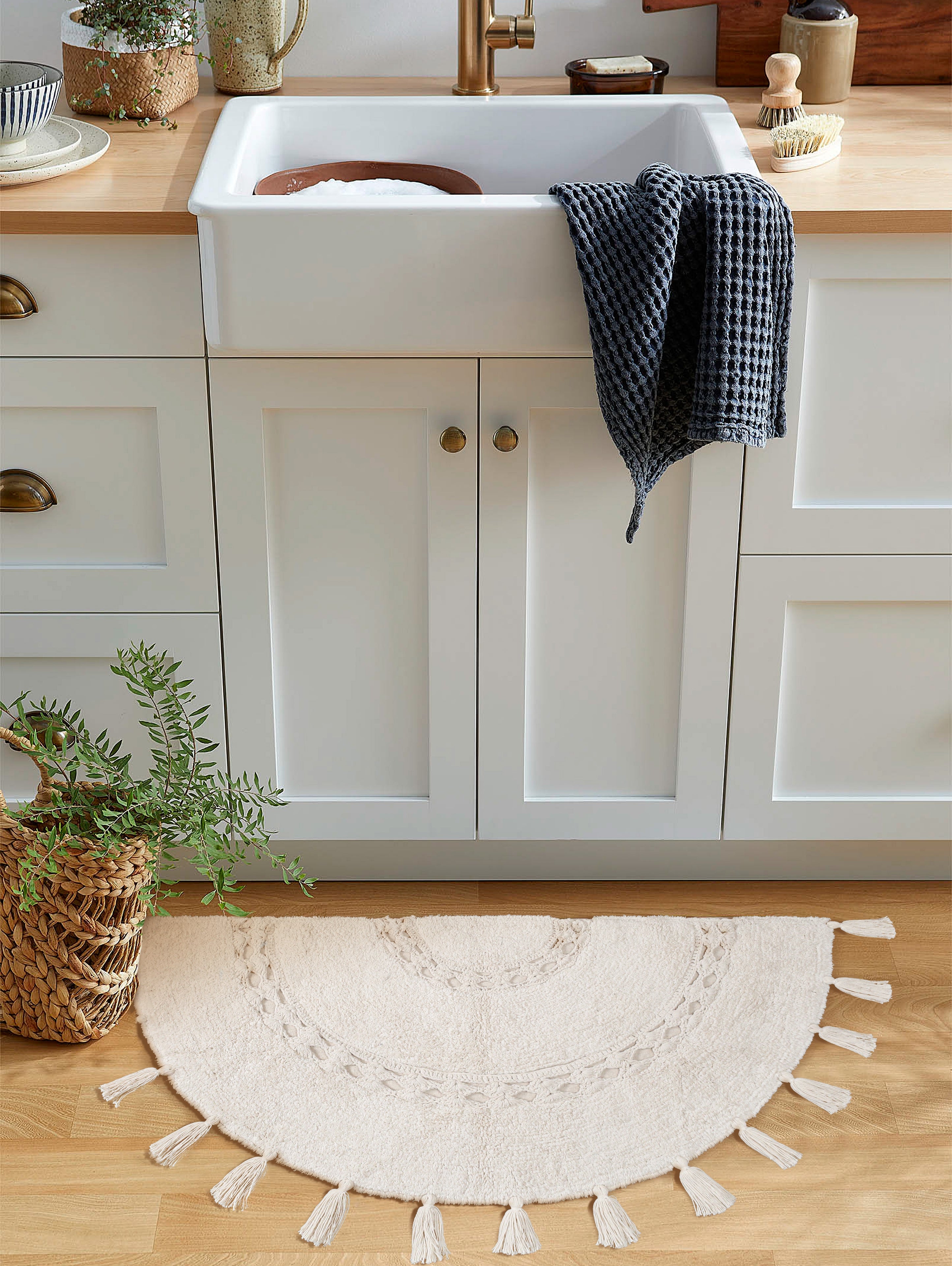 Handmade Half Moon Cotton Rug with Tassel Fringe