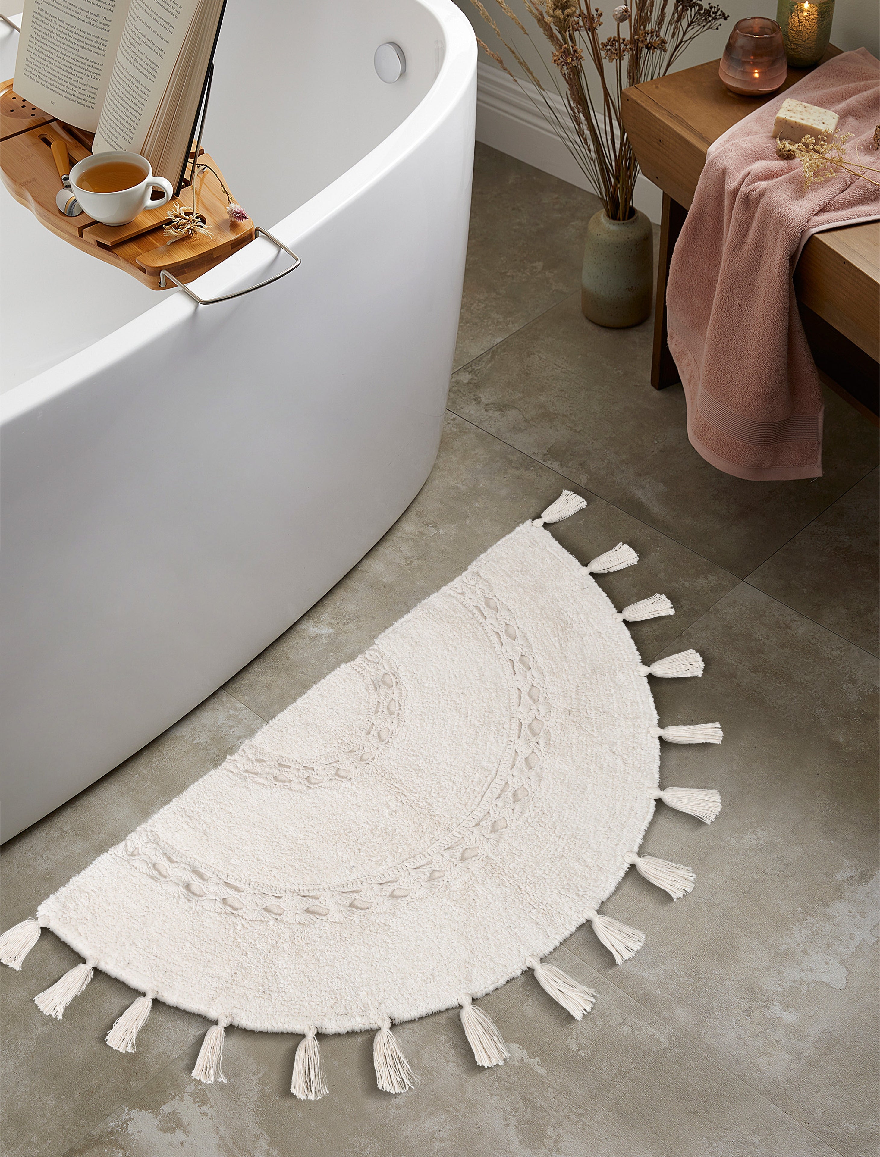 Handmade Half Moon Cotton Rug with Tassel Fringe