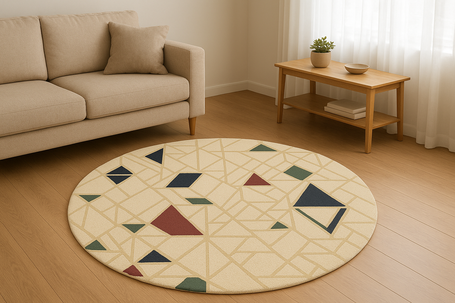Round Geometric Rug with Bold Color Accents – Hand-Tufted Wool