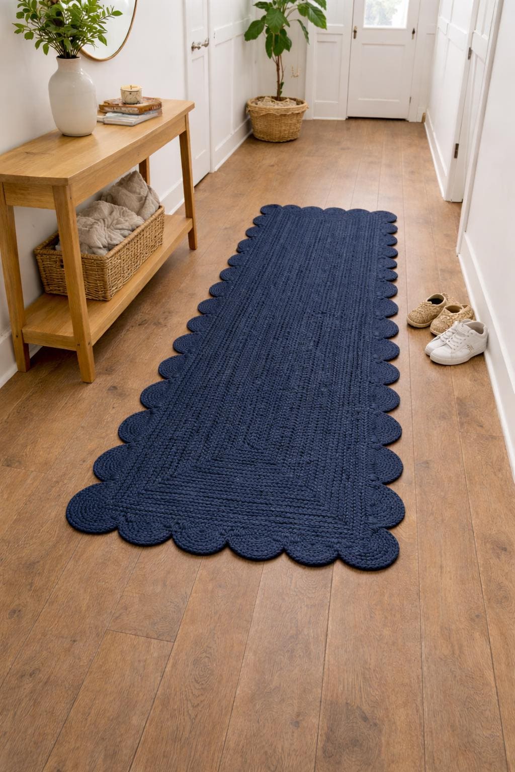 Handmade Jute Runner Rug – Scalloped Boho Area Rug Navy