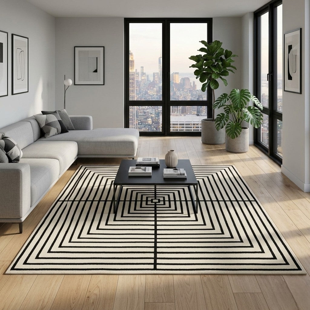 The Monochrome Nexus Geometric Wool Rug