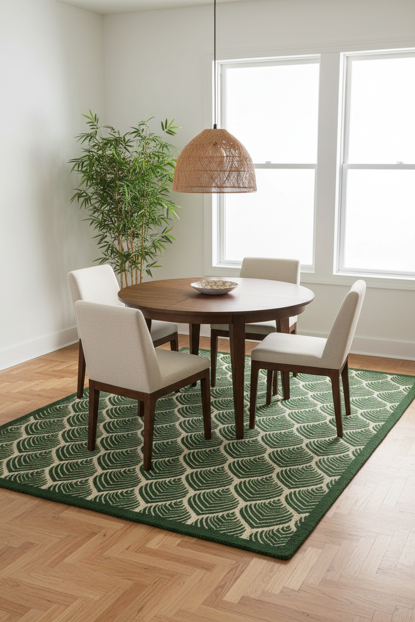Forest Green Art Deco Peacock Feather Hand Tufted Wool Rug | 100% NZ Wool