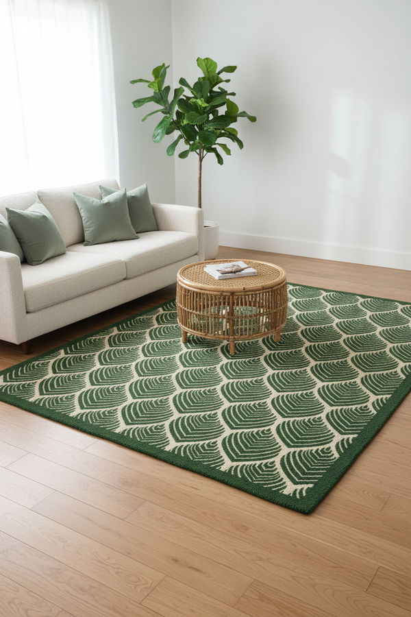 Forest Green Art Deco Peacock Feather Hand Tufted Wool Rug | 100% NZ Wool