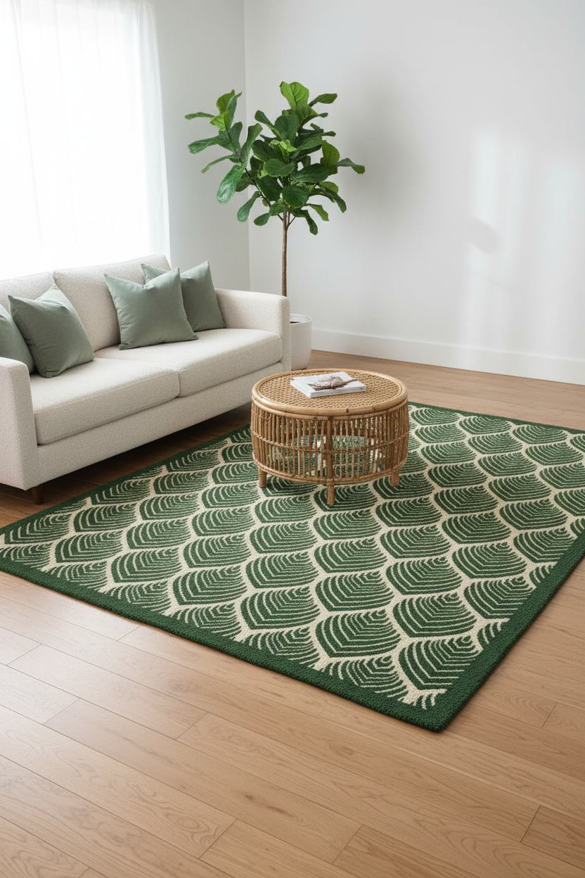 Forest Green Art Deco Peacock Feather Hand Tufted Wool Rug | 100% NZ Wool