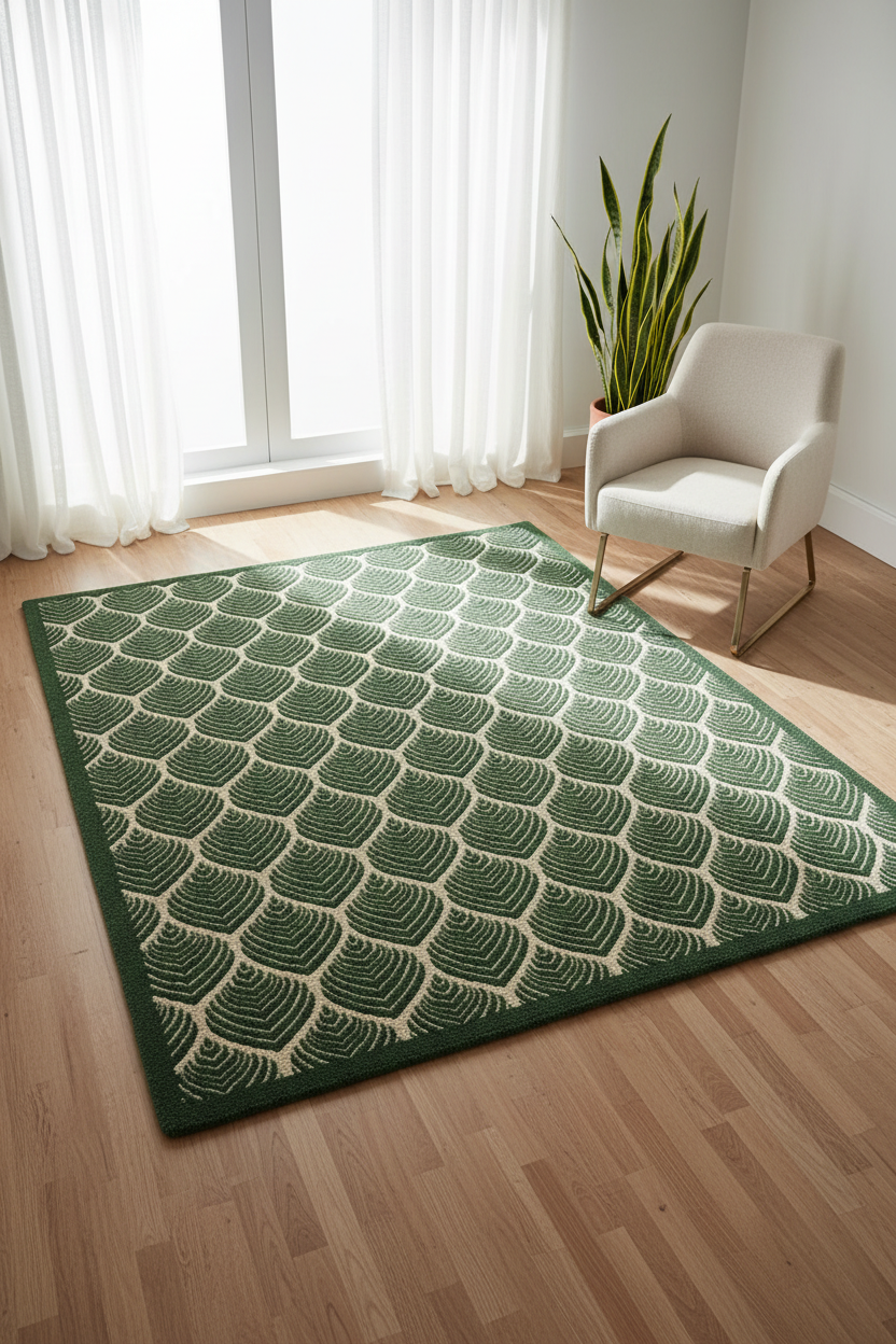Forest Green Art Deco Peacock Feather Hand Tufted Wool Rug | 100% NZ Wool