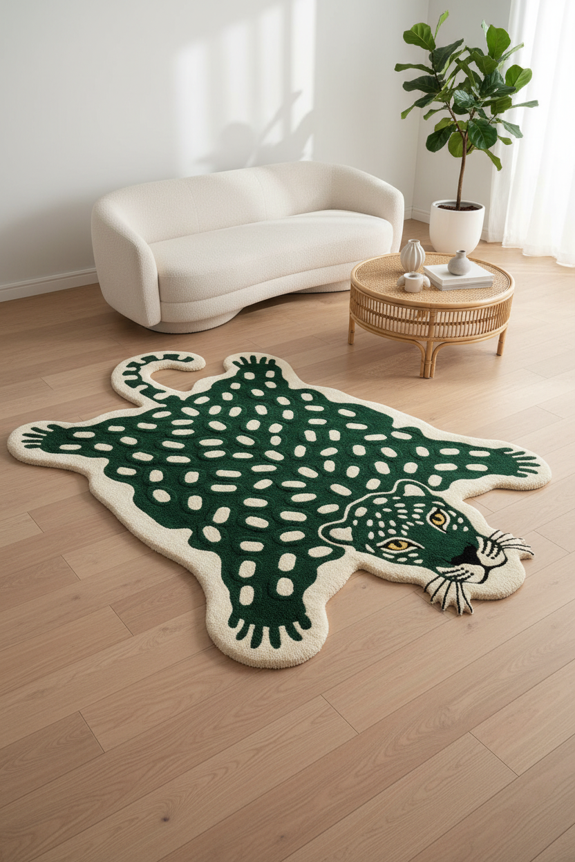 Green Leopard Skin Shaped Hand Tufted Wool Rug | 100% NZ Wool
