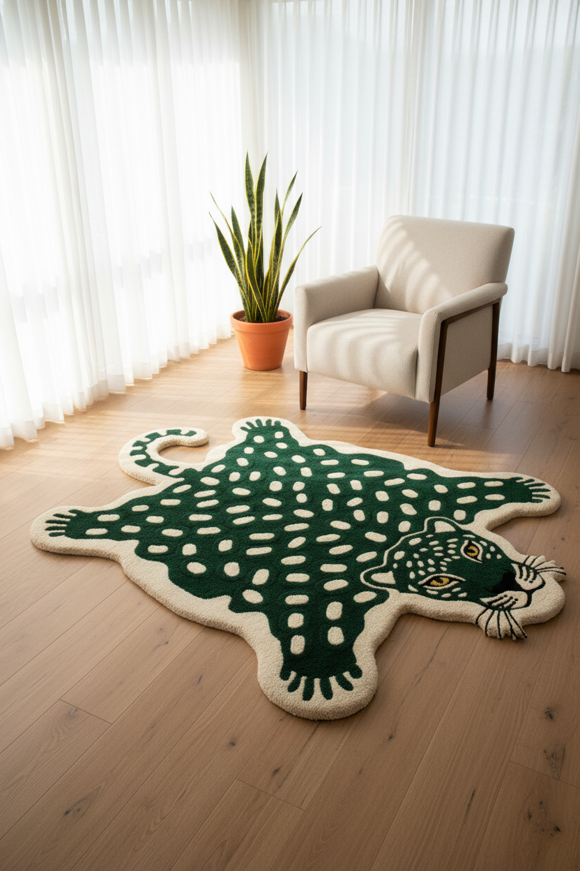 Green Leopard Skin Shaped Hand Tufted Wool Rug | 100% NZ Wool