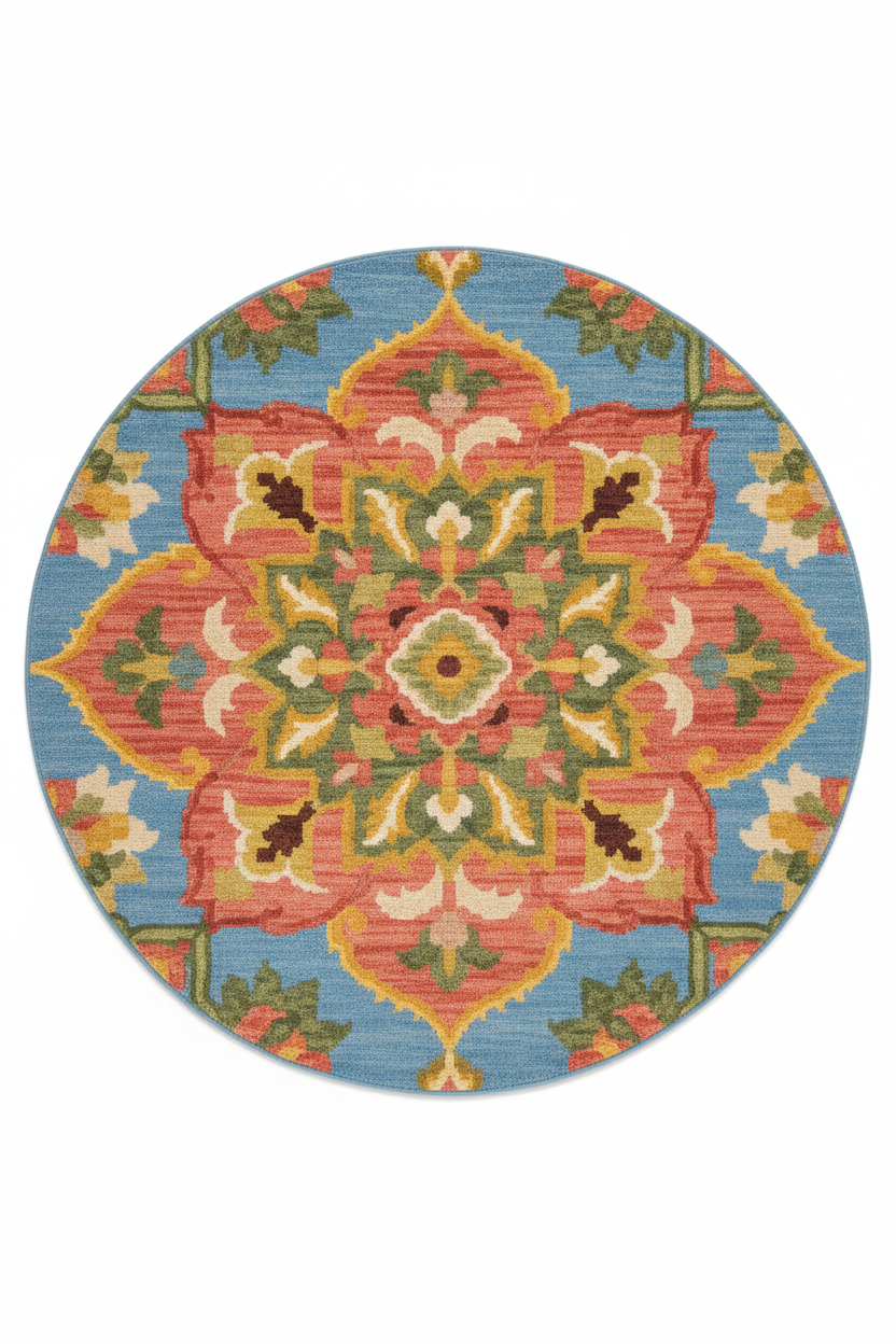 Ikat Bloom Round Rug - White Background