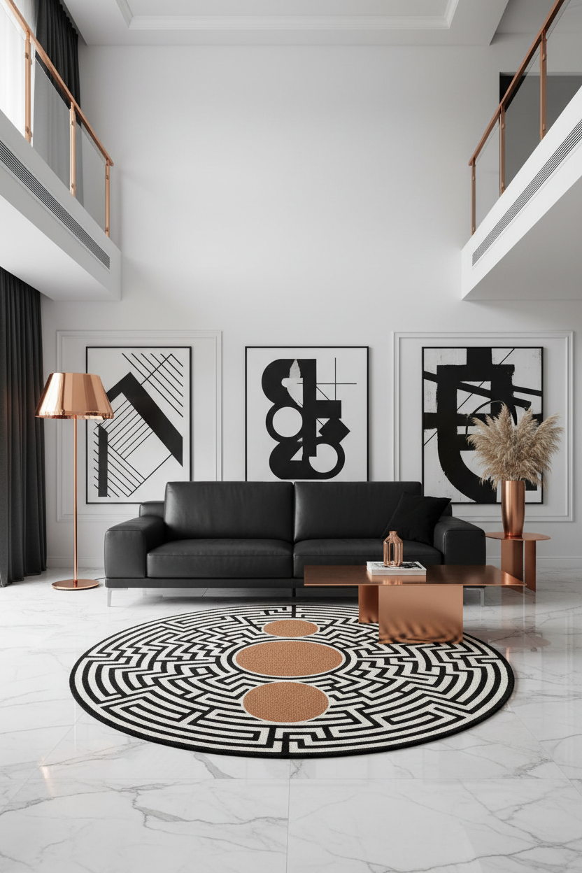 Labyrinth Circles Round Rug - Living Room