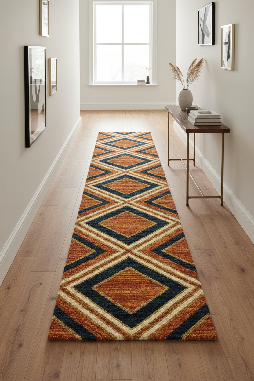 The Navy Diamond Geometric Wool Runner Rug