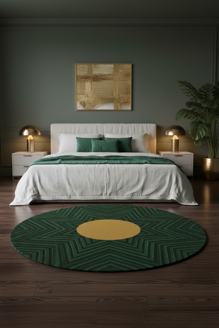 Emerald Sun Round Rug - Luxury Master Bedroom