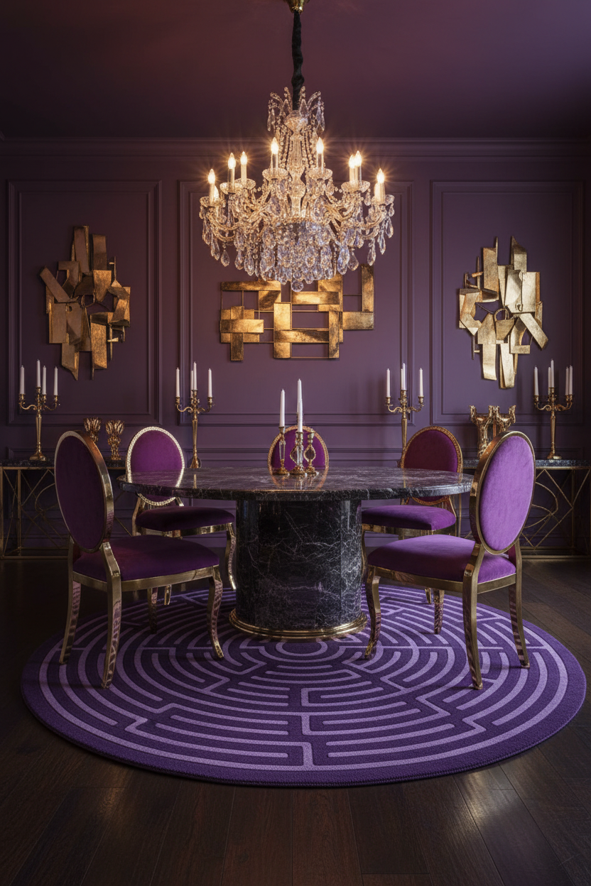 Amethyst Maze Round Rug - Elegant Dining Room