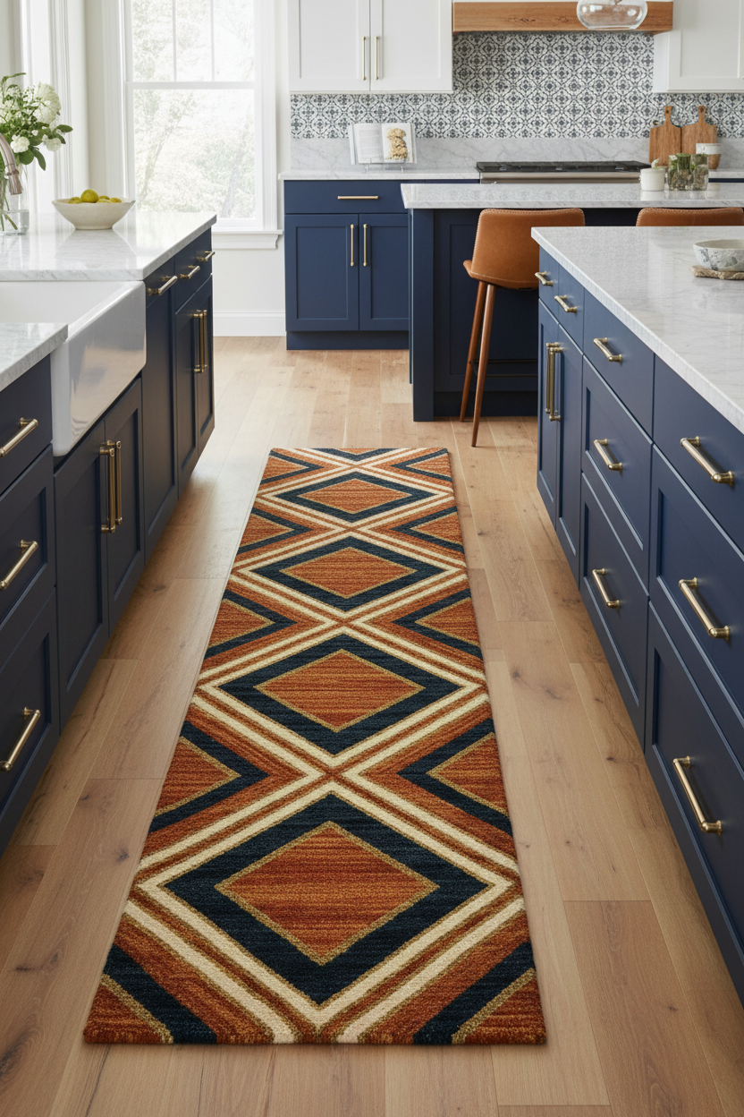 The Navy Diamond Geometric Wool Runner Rug