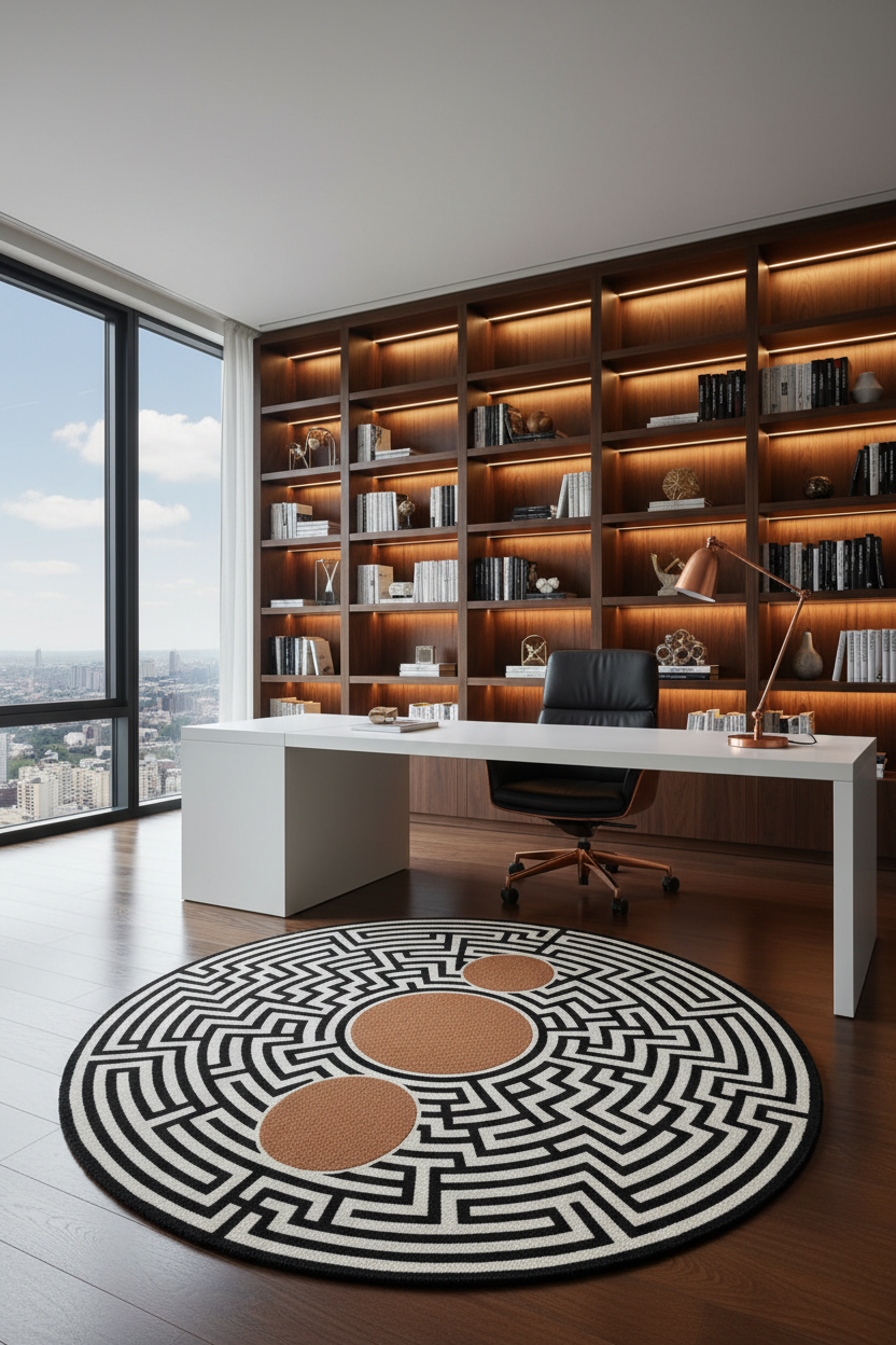 Labyrinth Circles Round Rug - Home Office