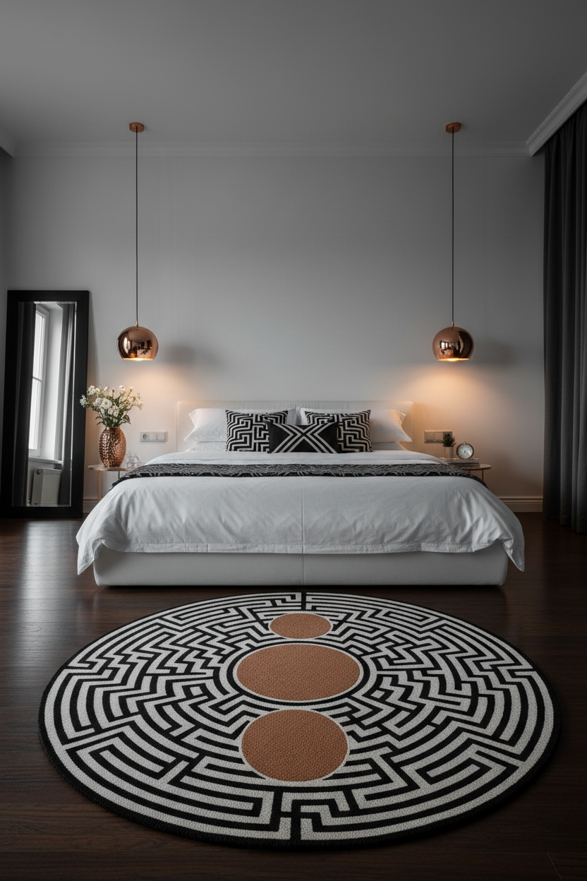 Labyrinth Circles Round Rug - Bedroom