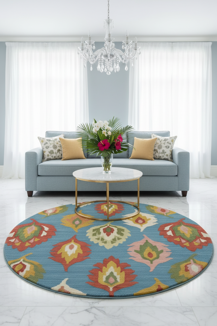 Ikat Bloom Round Rug - Living Room