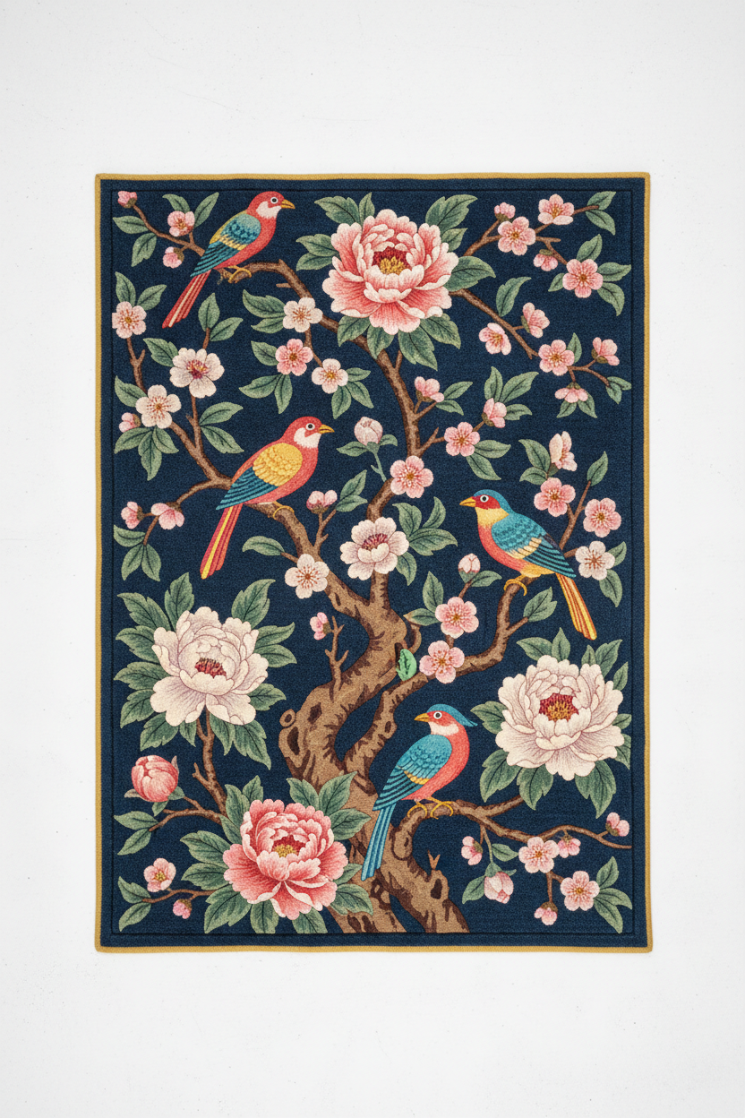 Navy Blue Chinoiserie Birds & Peony Hand Tufted Wool Rug | 100% NZ Wool | Botanical Area Rug