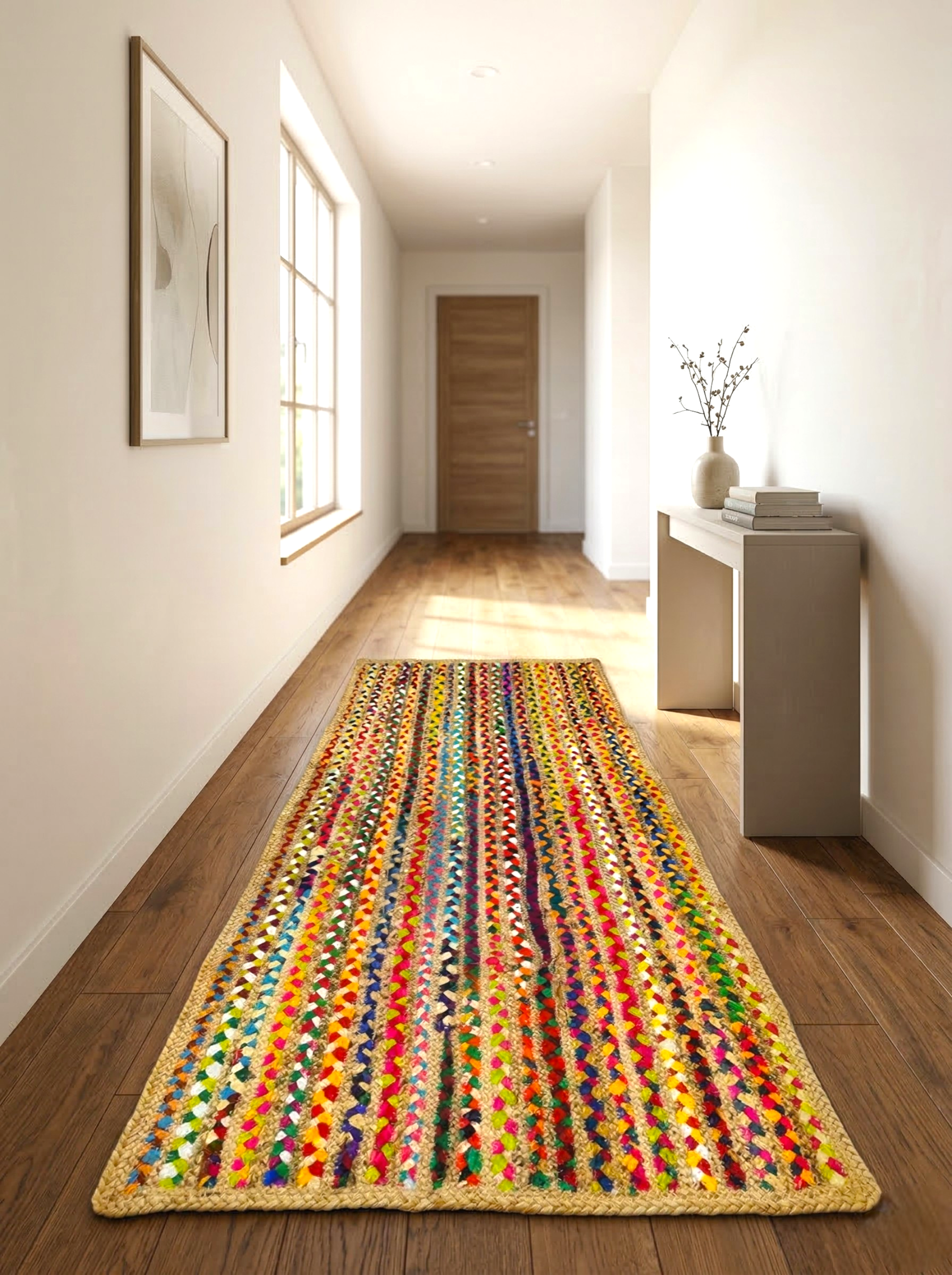 Handmade Multi color Cotton & Jute Braided Chindi Runner - Boho Home Décor Rectangle Carpet