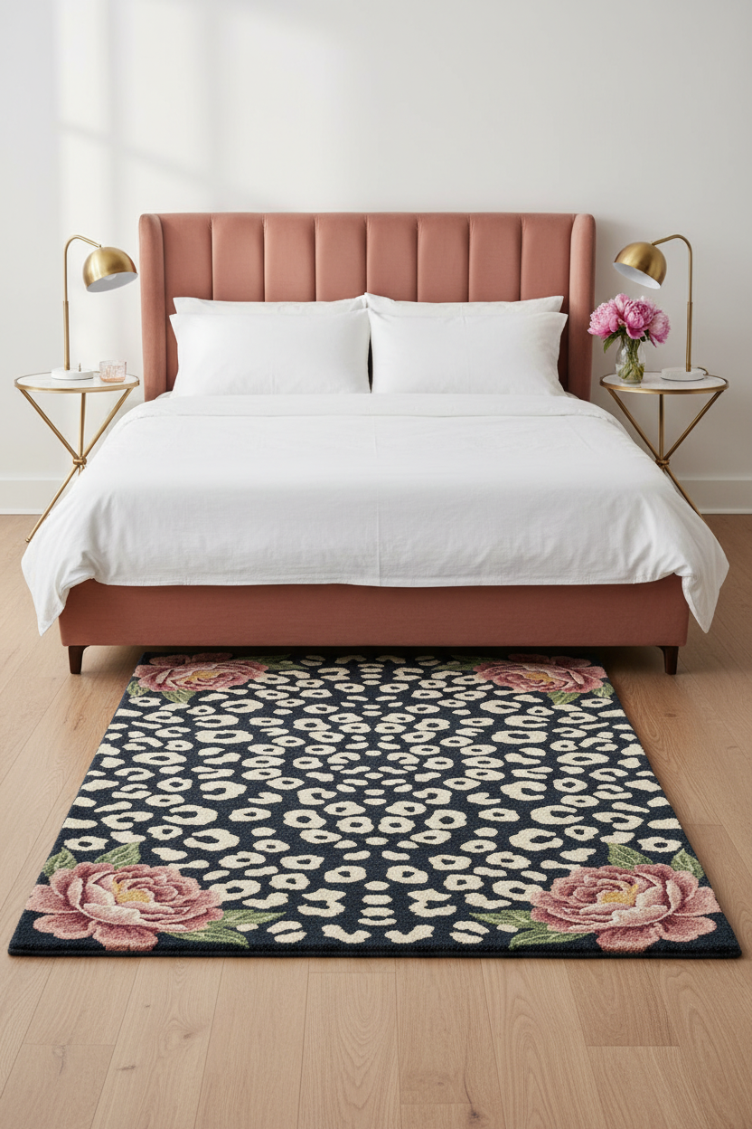 Black Leopard & Peony Hand Tufted Wool Rug | 100% NZ Wool | Animal Print Floral Area Rug
