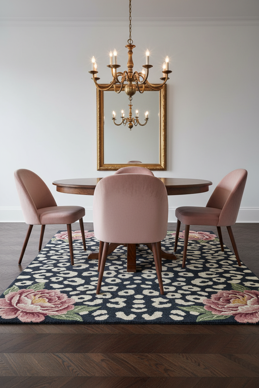 Black Leopard & Peony Hand Tufted Wool Rug | 100% NZ Wool | Animal Print Floral Area Rug