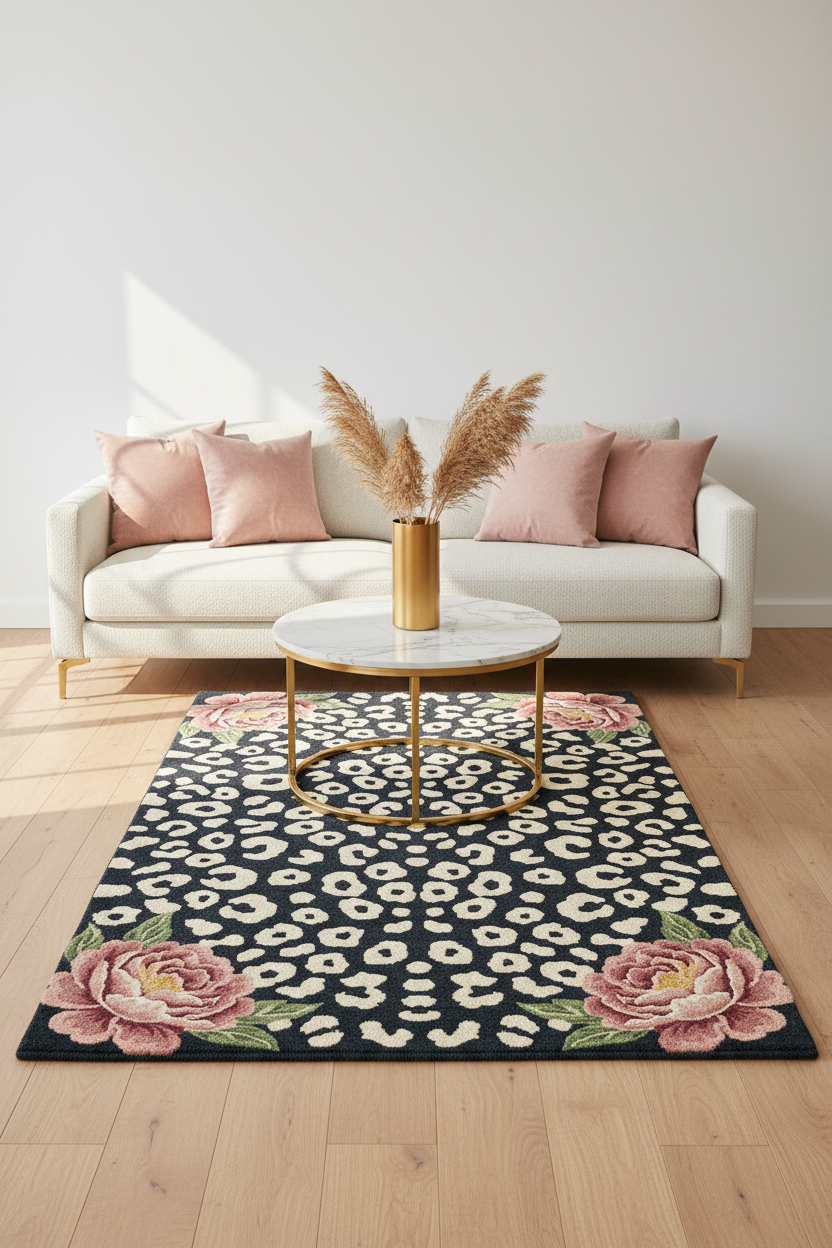 Black Leopard & Peony Hand Tufted Wool Rug | 100% NZ Wool | Animal Print Floral Area Rug