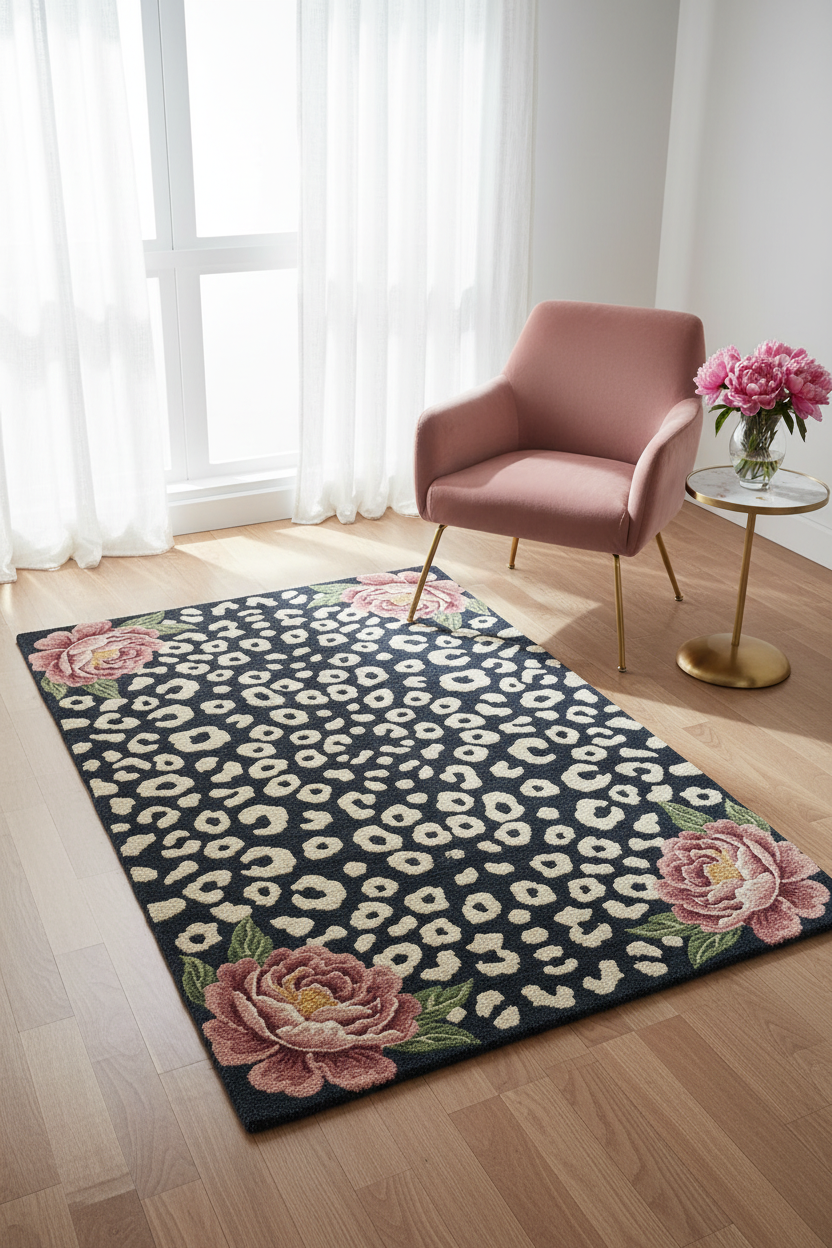 Black Leopard & Peony Hand Tufted Wool Rug | 100% NZ Wool | Animal Print Floral Area Rug