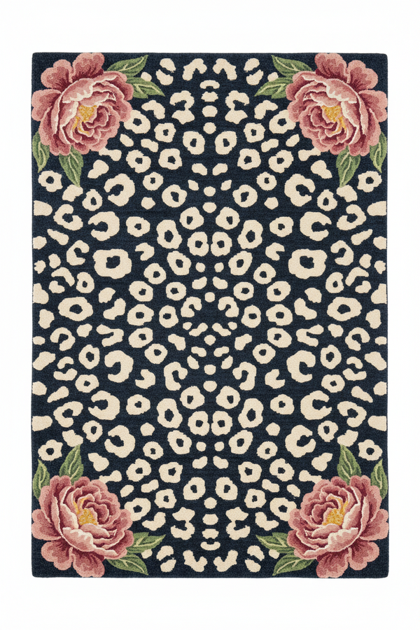 Black Leopard & Peony Hand Tufted Wool Rug | 100% NZ Wool | Animal Print Floral Area Rug